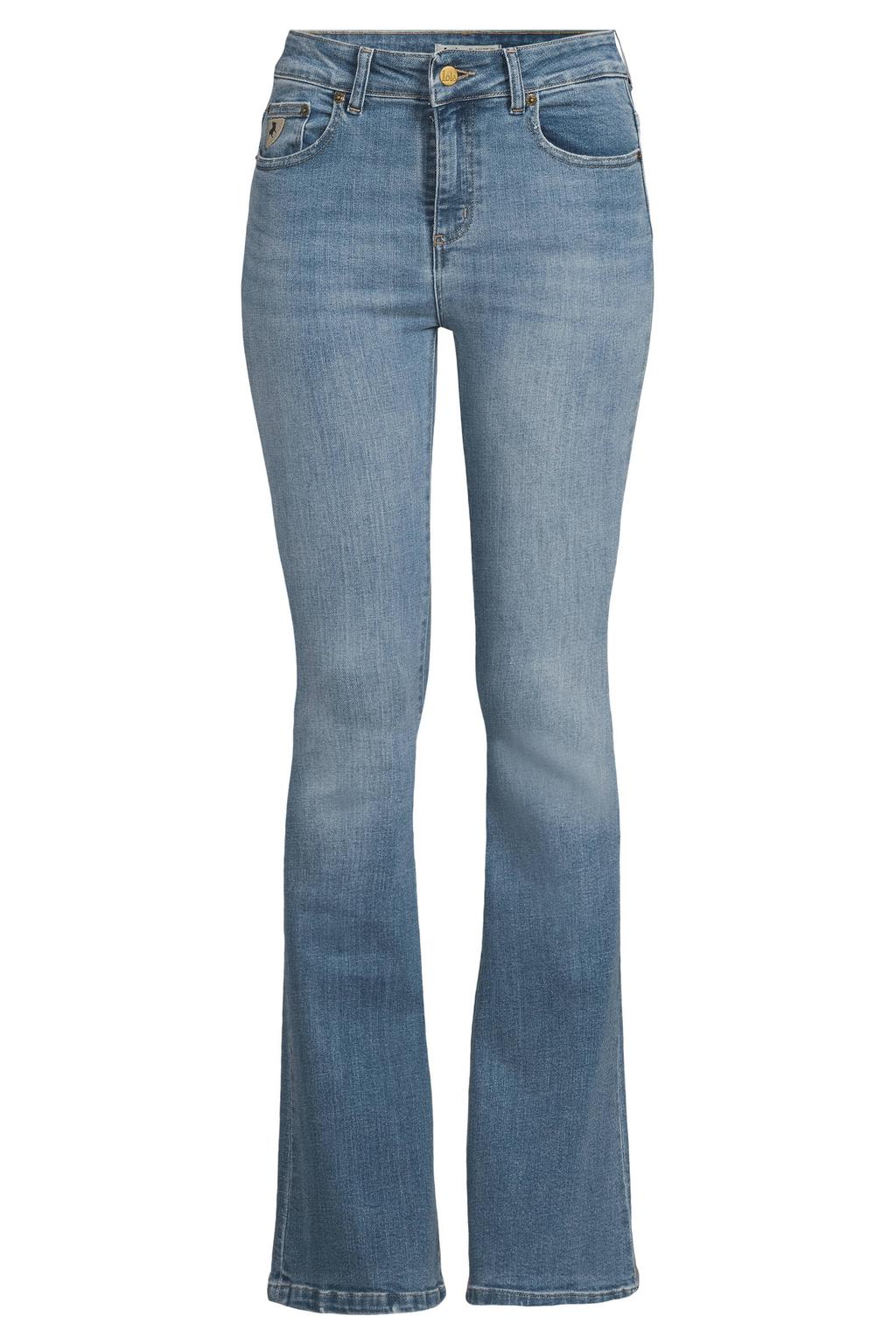 Medium blue denim dames Lois Raval 16 flared jeans van denim met regular waist, rits- en knoopsluiting en effen