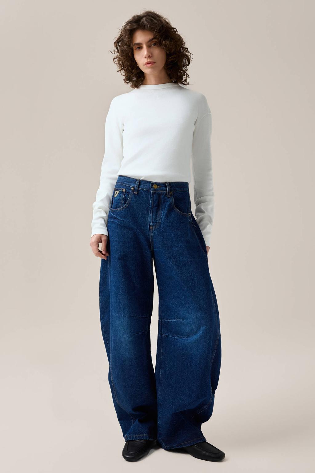 Dark blue denim dames Lois Aliana barrel jeans van denim met regular waist, rits- en knoopsluiting en effen