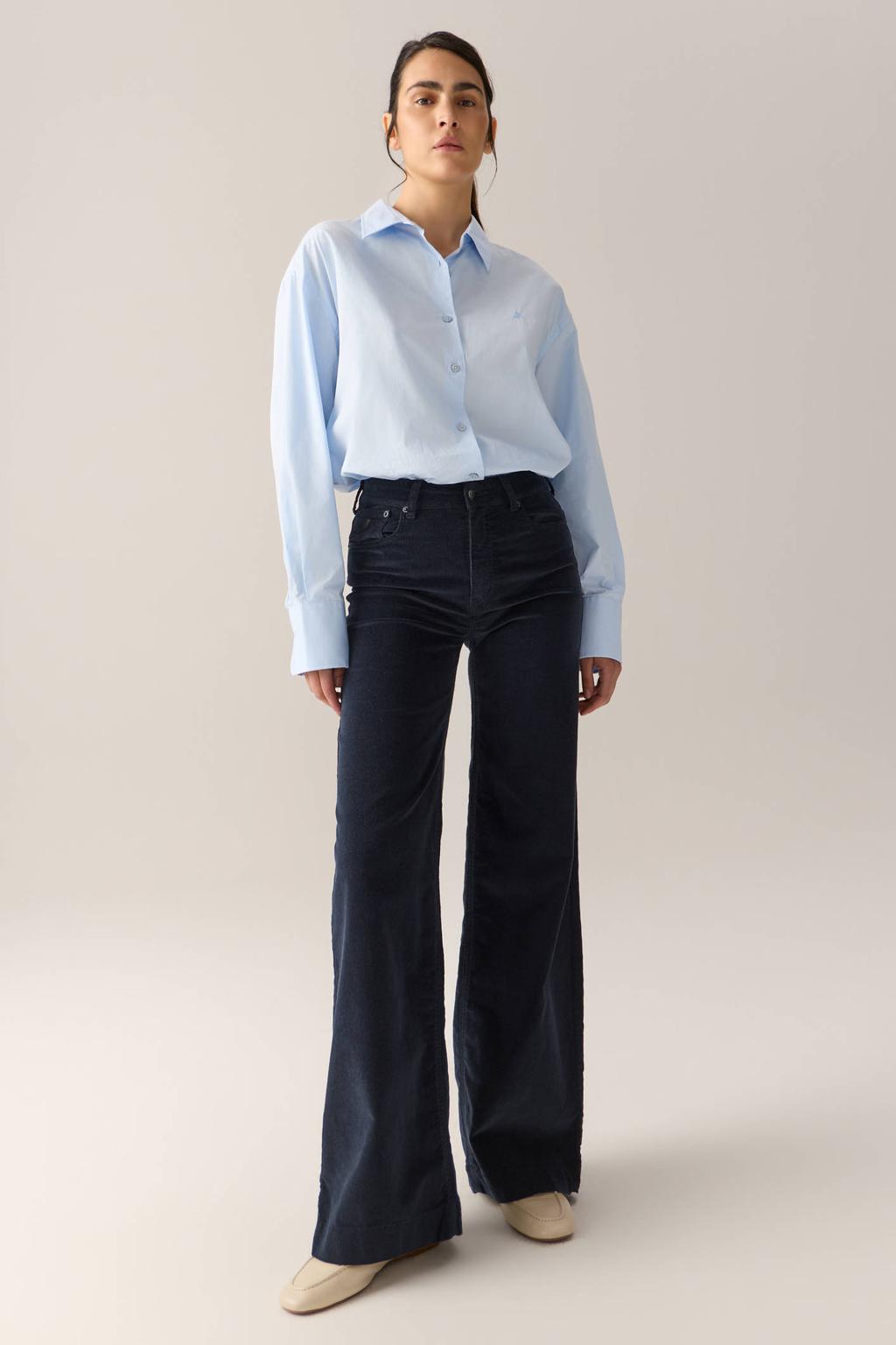 Marineblauw dames Lois wide leg corduroy broek blauw van katoen met rits- en knoopsluiting en effen