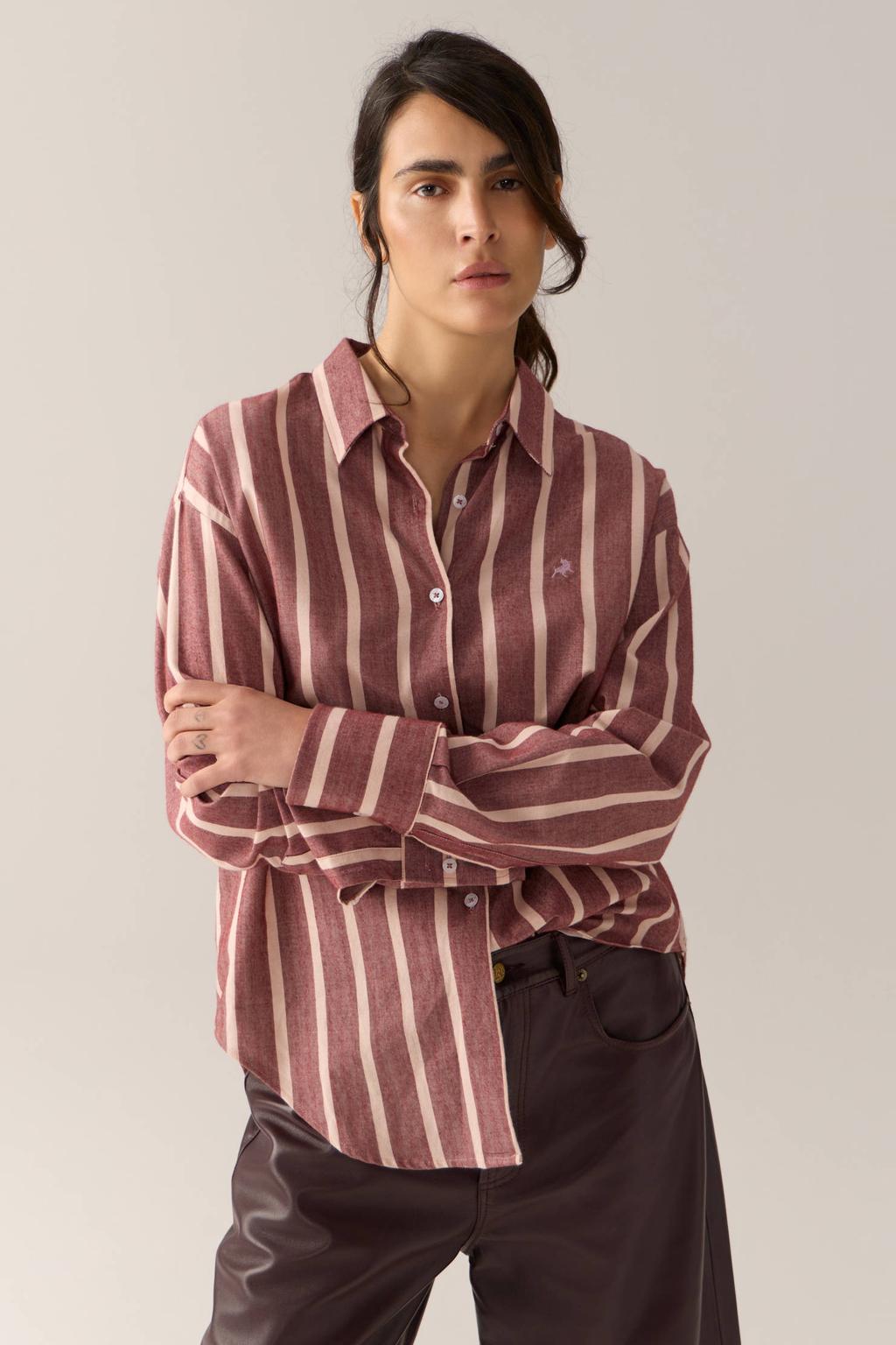 Oudroze dames Lois gestreepte blouse van katoen met logo dessin, lange mouwen, klassieke kraag en knoopsluiting