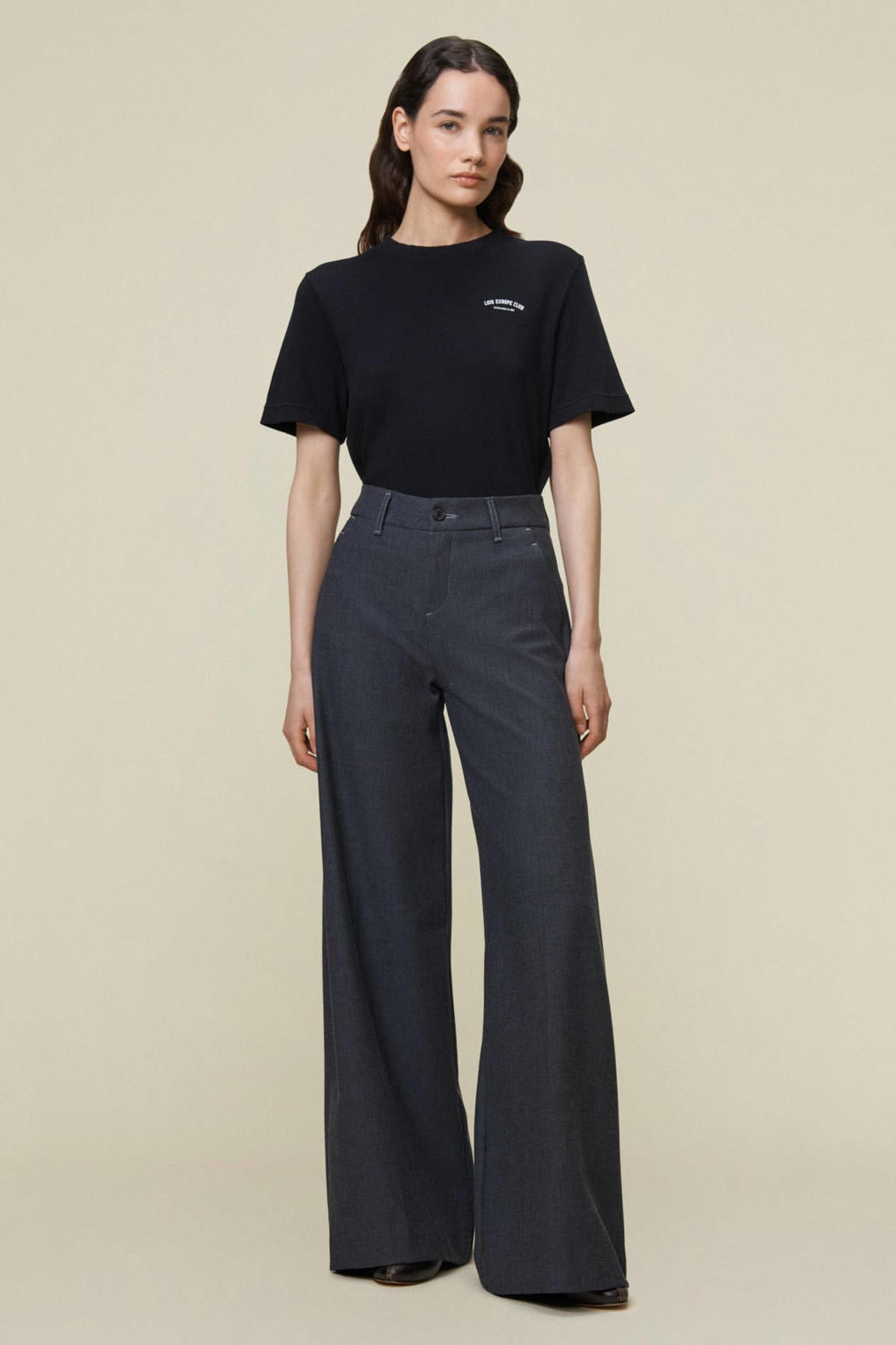 Grijs melange dames Lois wide leg broek met high waist, rits- en knoopsluiting en effen