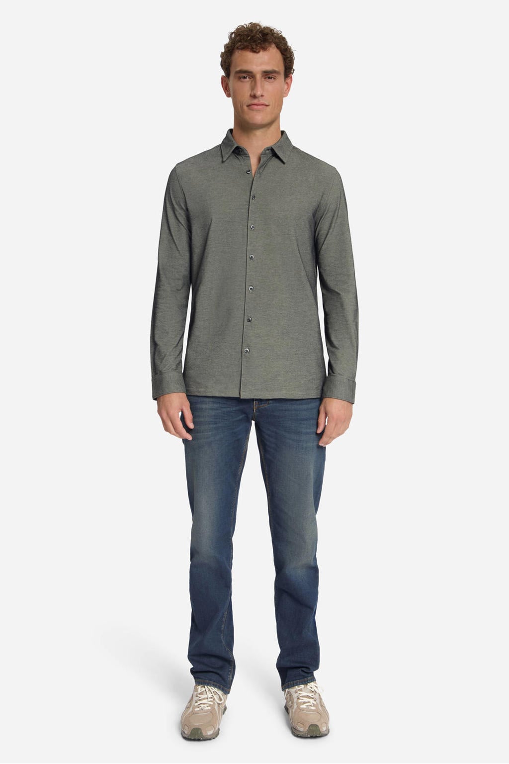 Grijze heren No Excess regular fit casual gemêleerd twill overhemd van katoen met melée print, lange mouwen en klassieke kraag