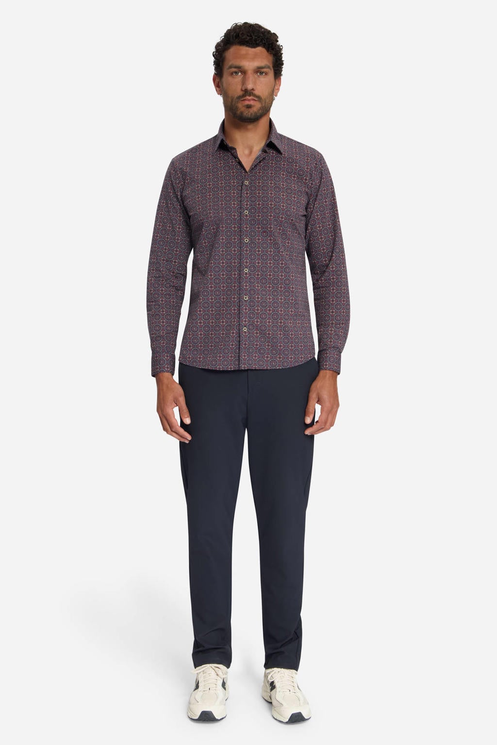 Donkerrode heren No Excess regular fit poplin overhemd van katoen met lange mouwen en klassieke kraag