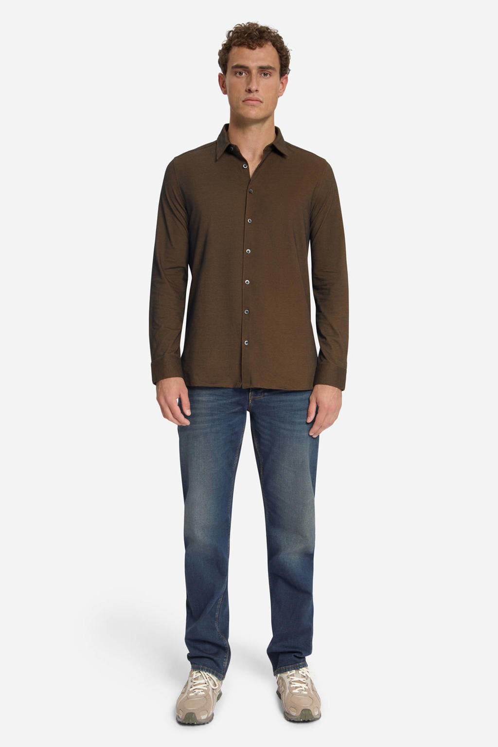 Bruine heren No Excess regular fit twill overhemd van katoen met effen, lange mouwen en klassieke kraag