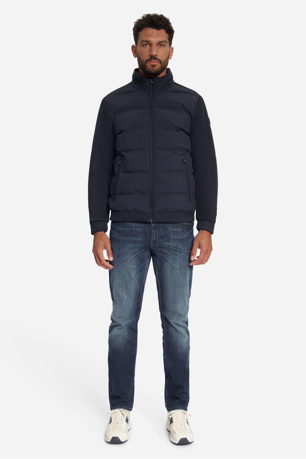 Donkerblauwe heren No Excess gewatteerde tussenjas van polyester met effen, lange mouwen en ritssluiting