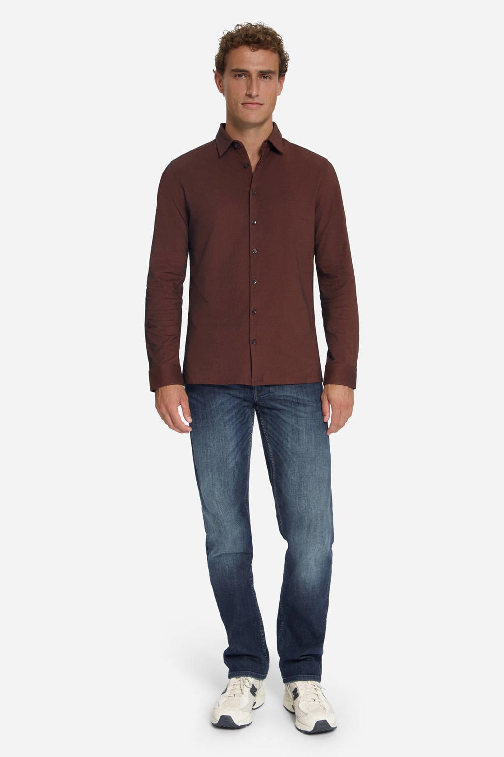 Roodbruine heren No Excess regular fit twill overhemd van katoen met effen, lange mouwen en klassieke kraag