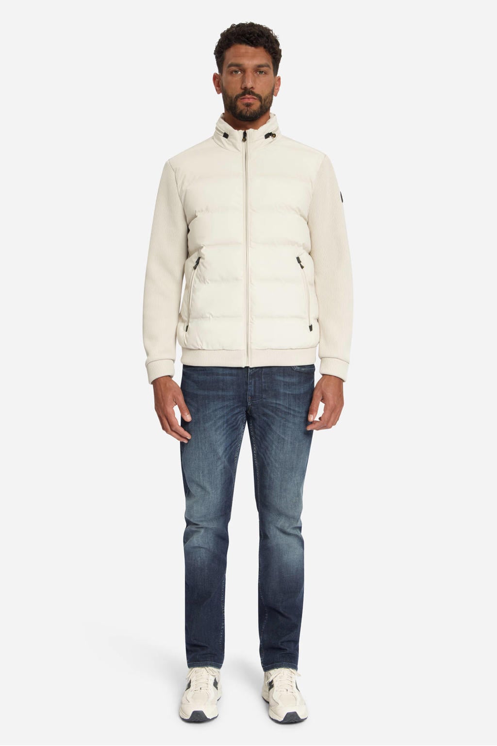 Ecru heren No Excess gewatteerde jas van polyester met effen, lange mouwen en ritssluiting