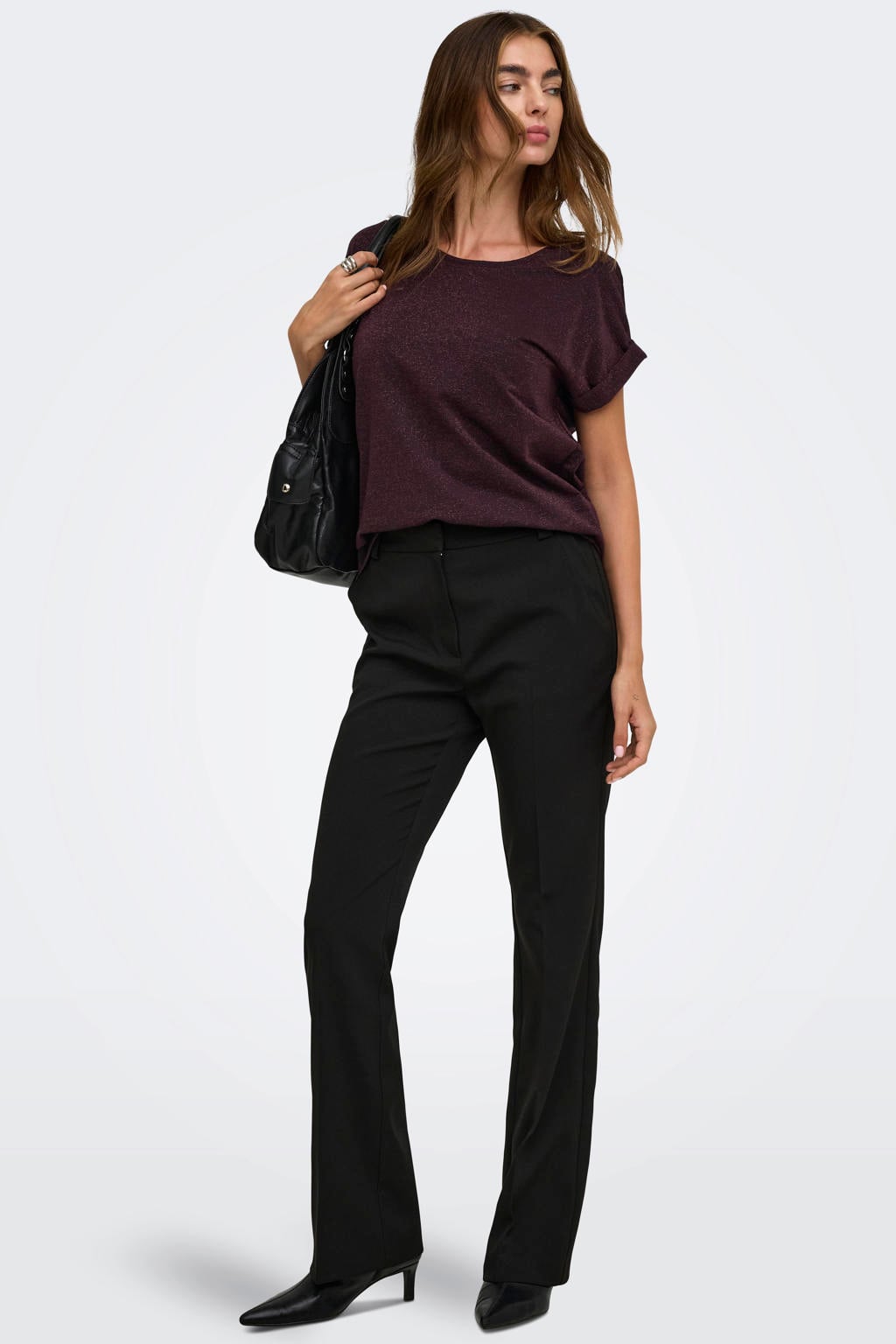 Bruine dames ONLY rechtvallend T-shirt van viscose met effen, korte mouwen, ronde hals en lurex