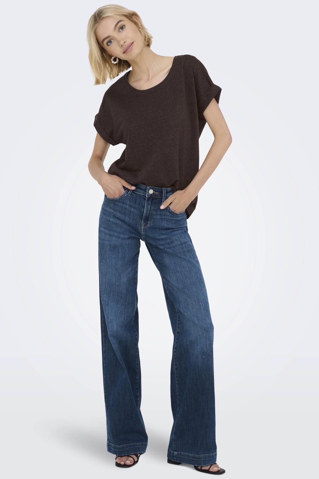Bruine dames ONLY rechtvallend T-shirt van viscose met effen, korte mouwen, ronde hals en lurex