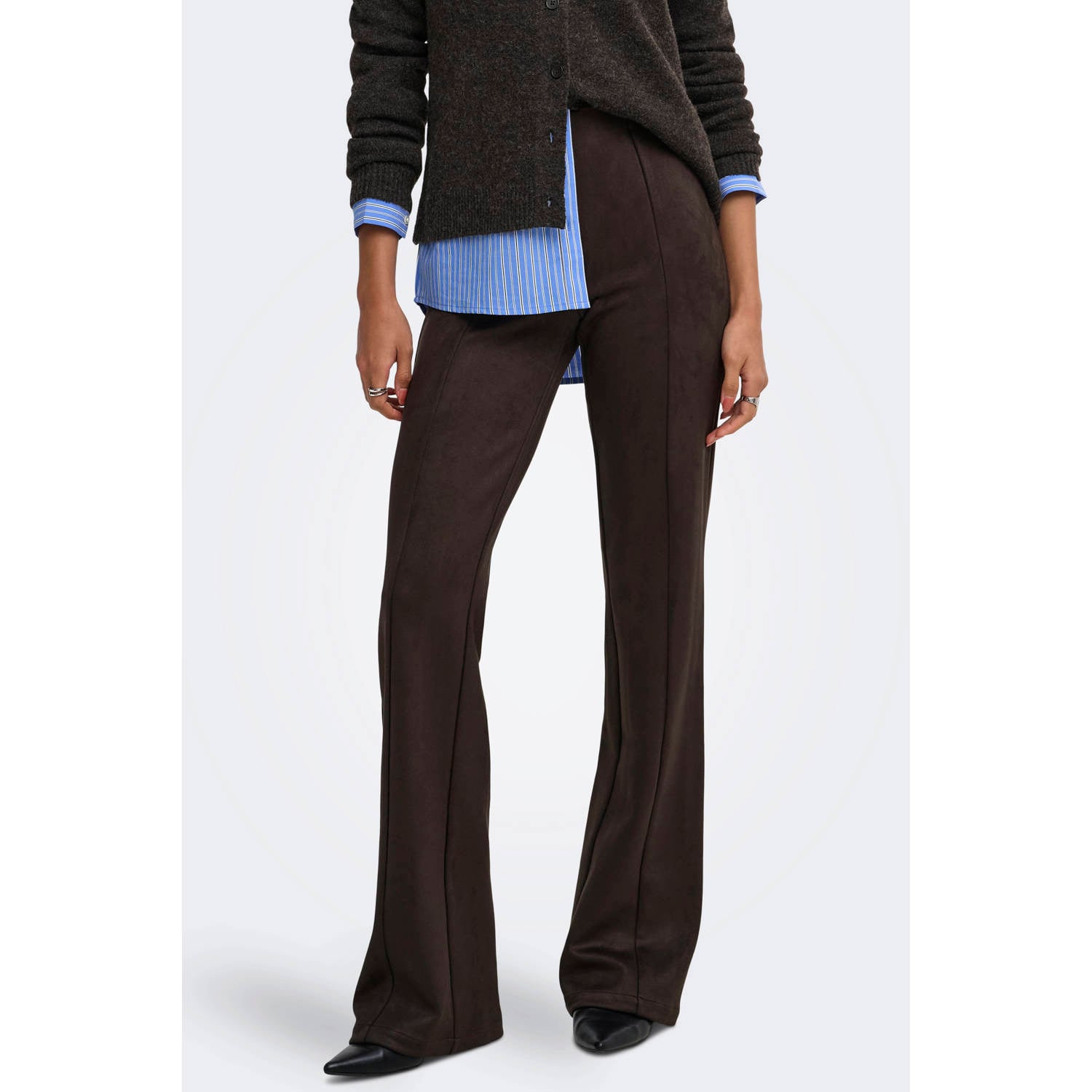 ONLY regular waist wide leg broek donkerbruin