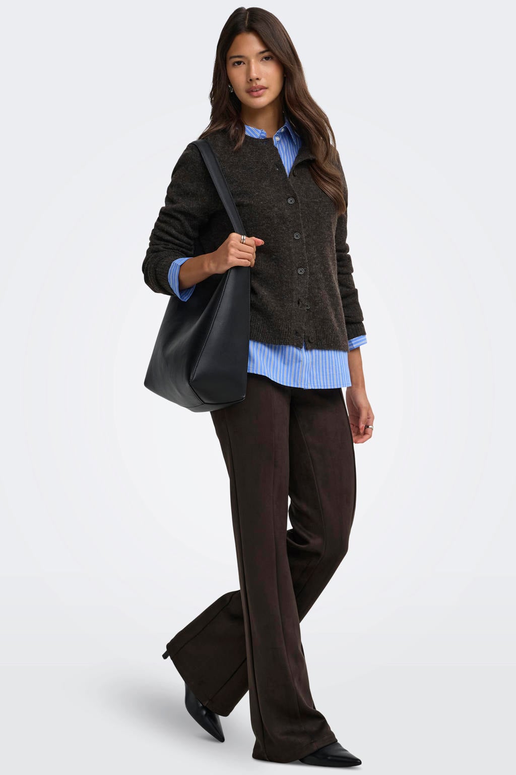 ONLY regular waist wide leg broek - donkerbruin