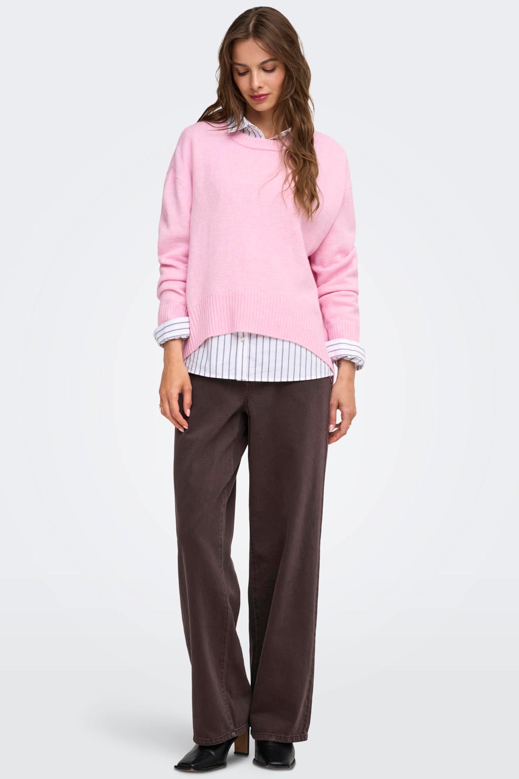 Lichtroze dames ONLY gebreide trui van polyester met effen, lange mouwen en off shoulder hals