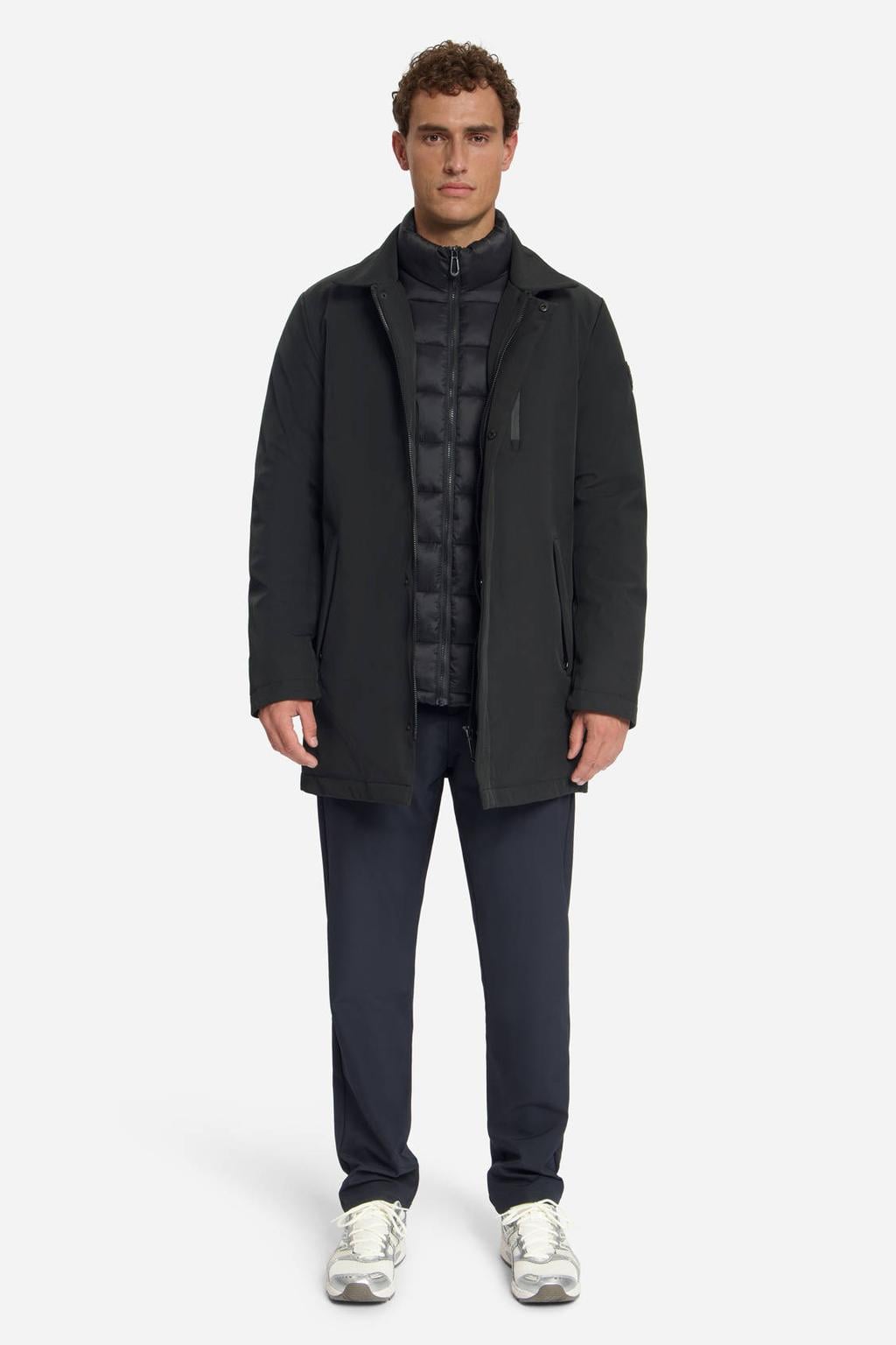 Zwarte heren No Excess katoenen winterjas van polyester met lange mouwen, klassieke kraag en rits- en drukknoopsluiting