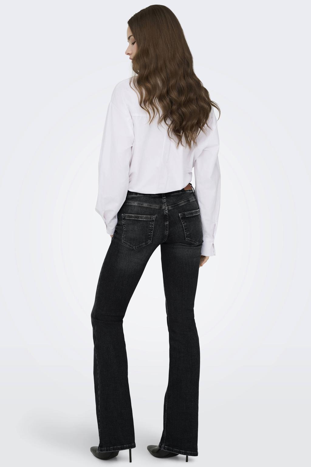 Zwarte dames ONLY low waist flared jeans van denim met rits- en knoopsluiting en effen