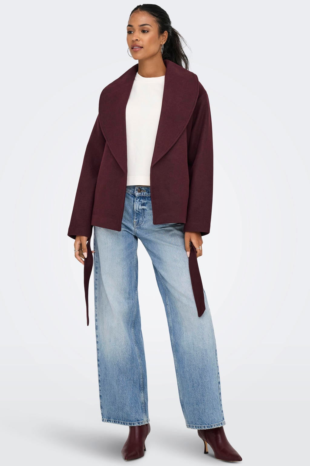 Donkerrode dames ONLY trenchcoat van polyester met effen, lange mouwen, reverskraag en striksluiting