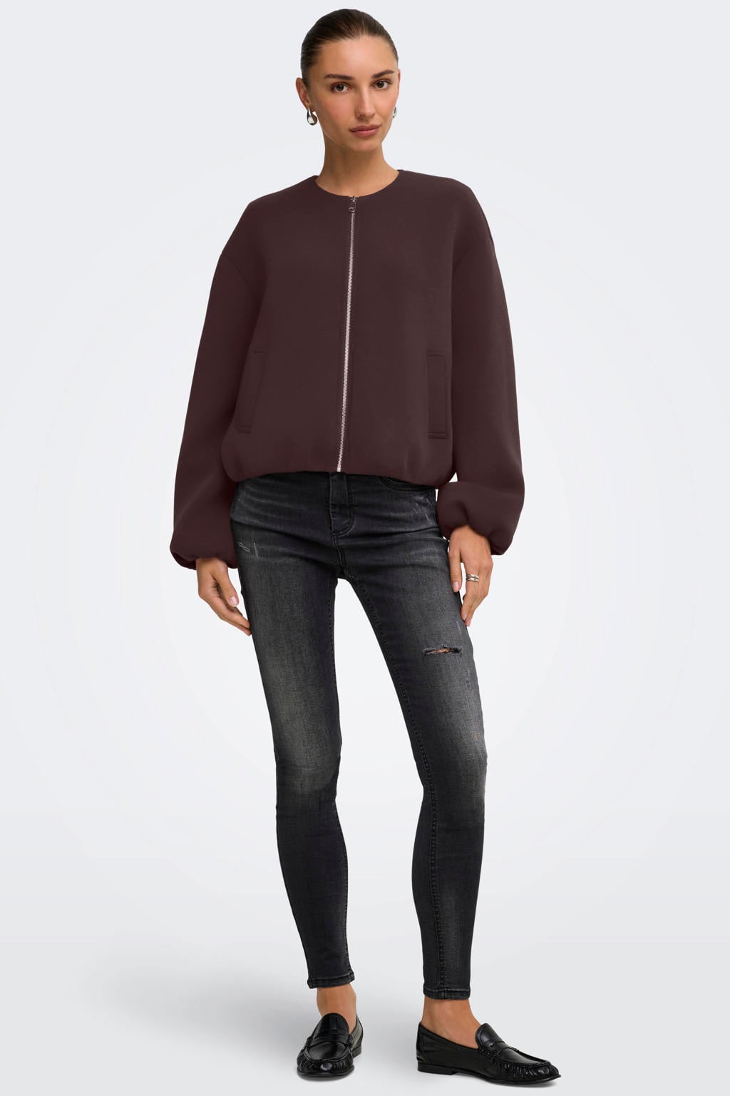 Donkerblauwe dames ONLY outdoorjas van polyester met effen, lange mouwen, ronde hals en ritssluiting
