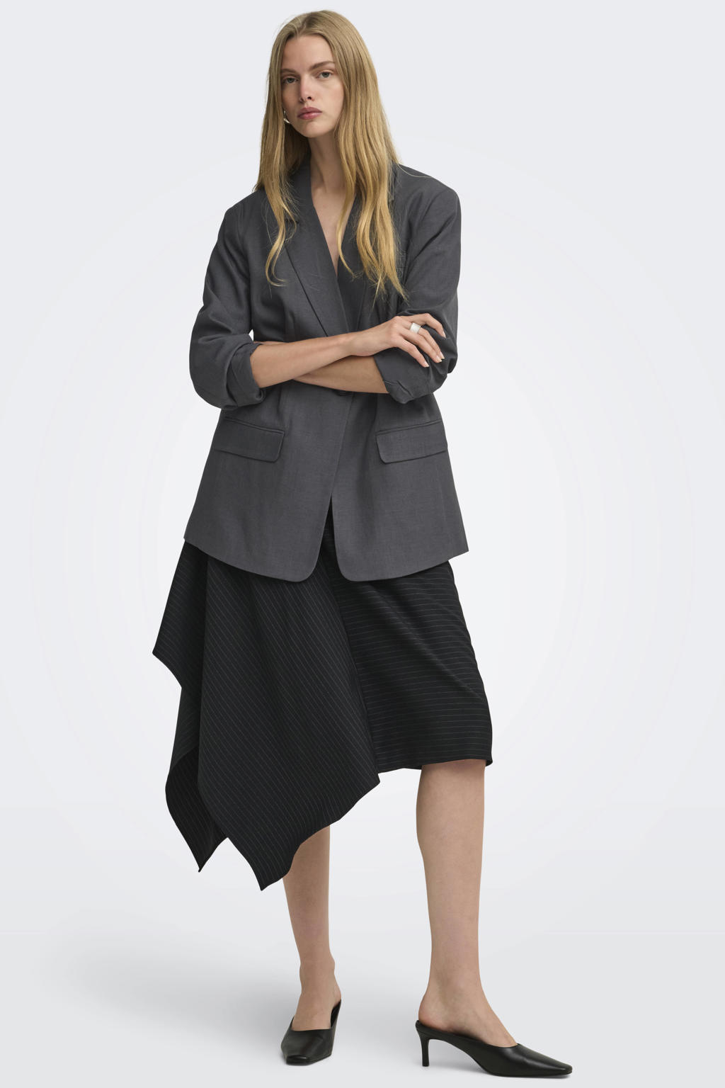 Grijze dames ONLY oversized blazer van polyester met effen, lange mouwen, reverskraag, knoopsluiting en geweven detail