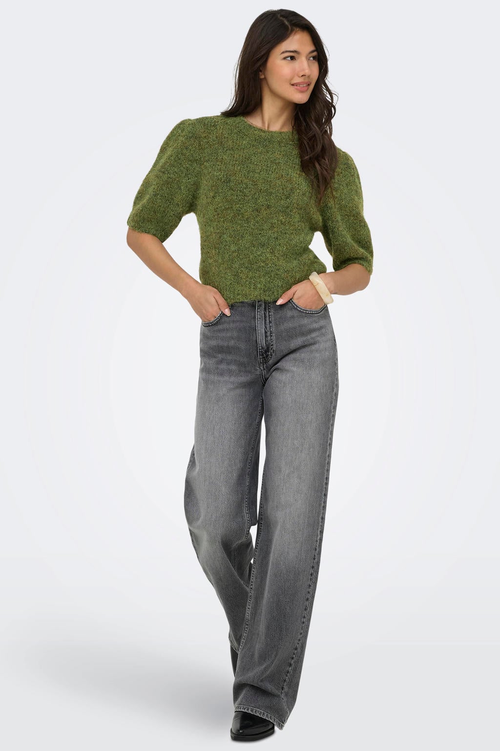 Groene dames ONLY gebreide trui van polyester met effen, lange mouwen en ronde hals