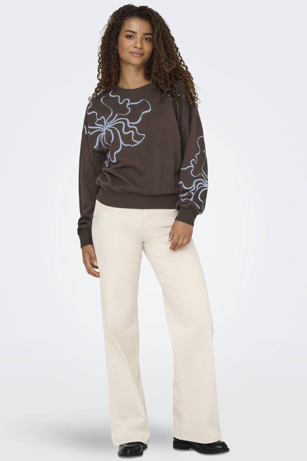Bruin en lichtblauwe dames ONLY rechtvallende gebloemde sweater van katoen met lange mouwen en ronde hals