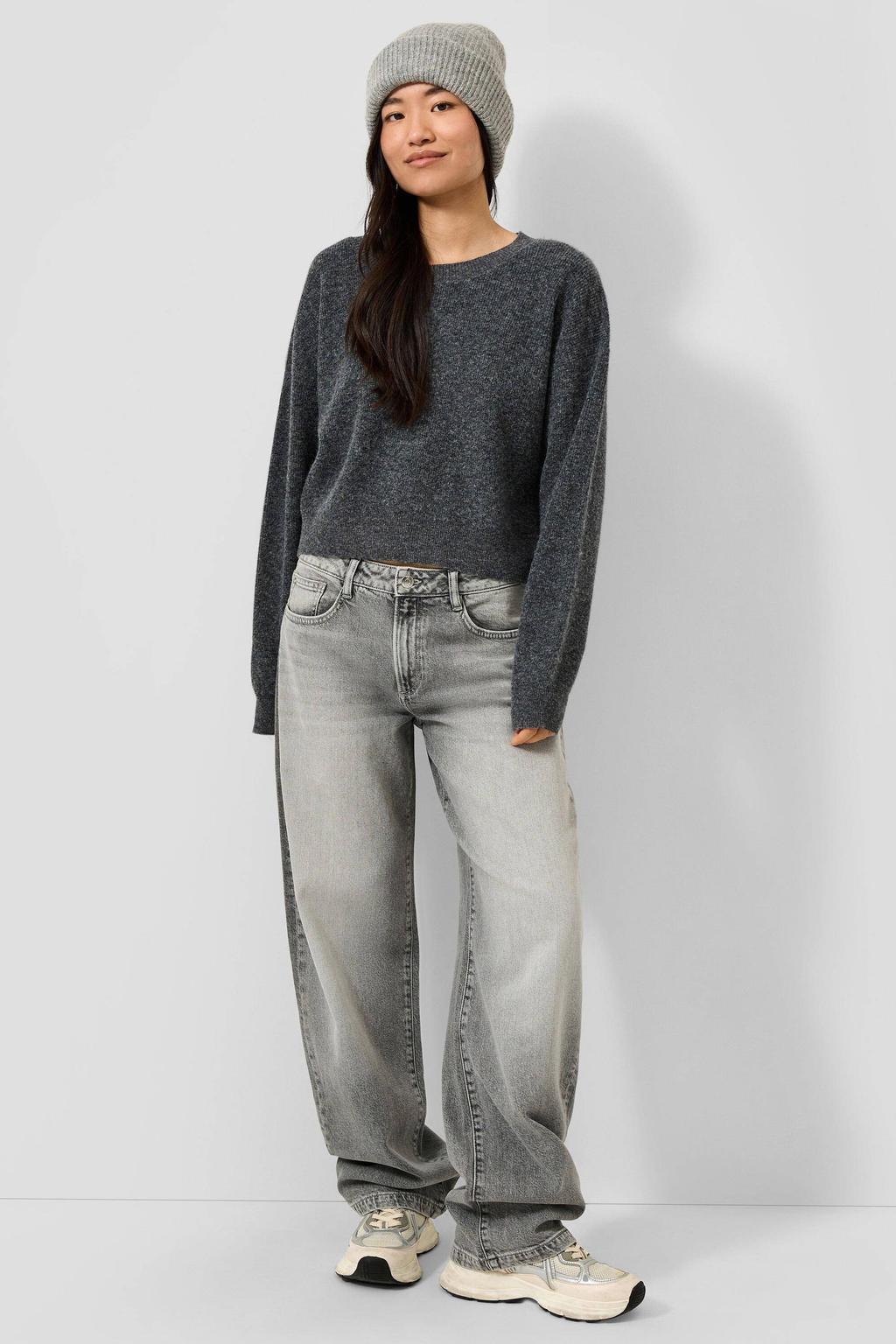 Grey denim dames QS barrel jeans van denim met regular waist, rits- en knoopsluiting en effen