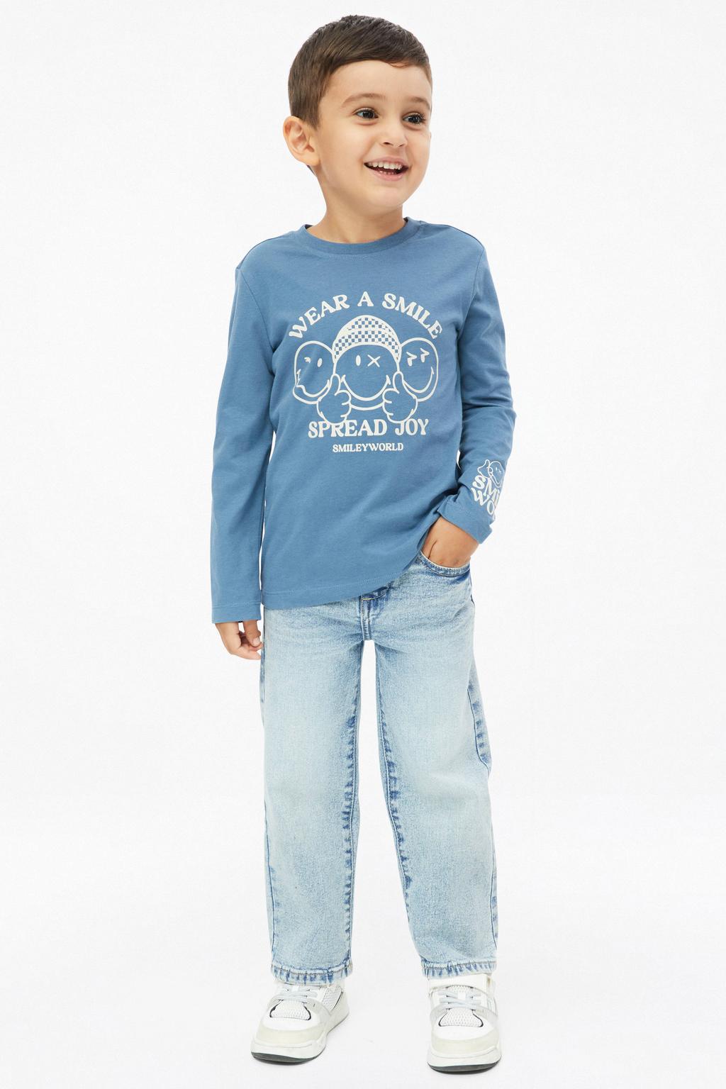 Blauw en ecru jongens s.Oliver longsleeve van katoen met printopdruk, lange mouwen en ronde hals