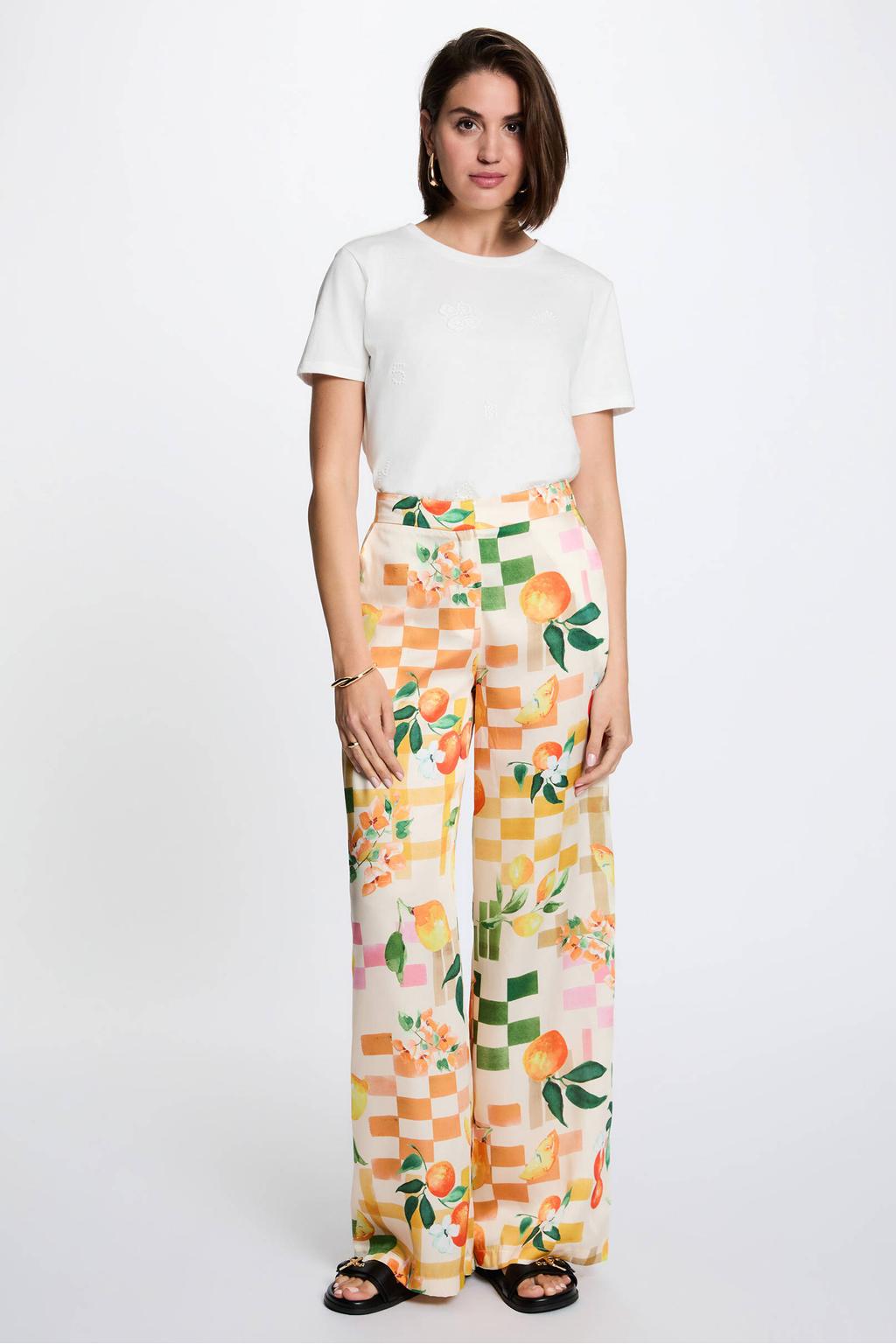 Witte dames Morgan T-shirt van katoen met effen, korte mouwen en ronde hals