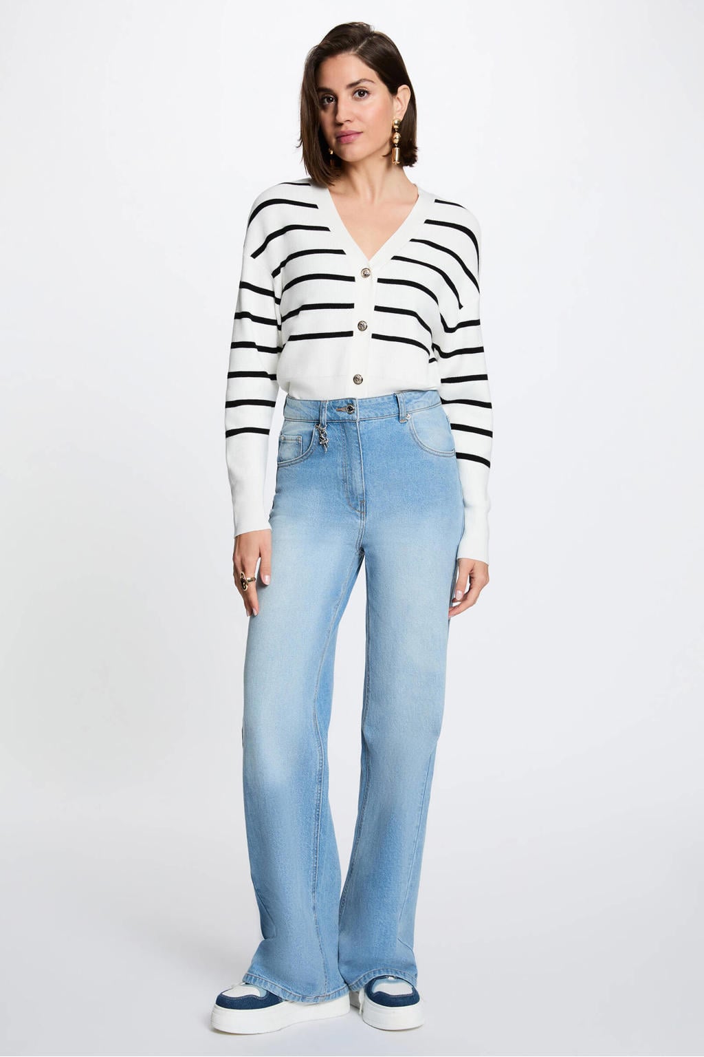Wit en zwarte dames Morgan gebreide gestreepte vest van viscose met lange mouwen, V-hals en knoopsluiting