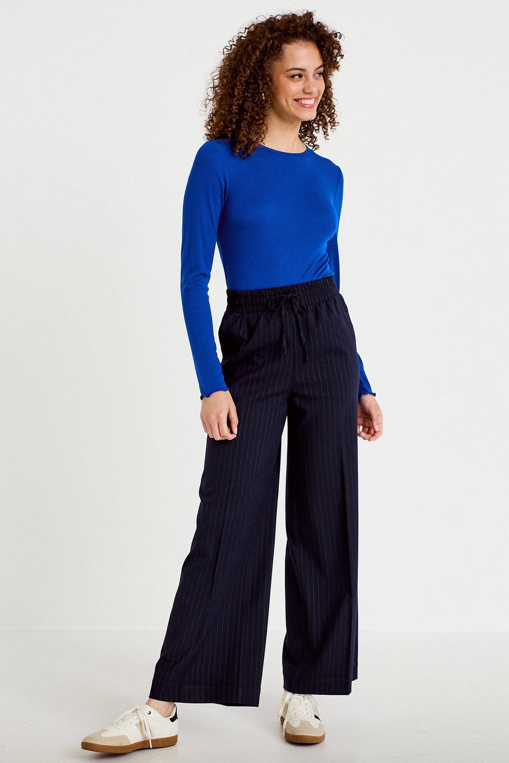 Donkerblauw en witte dames Cache Cache wide leg broek met high waist, elastische tailleband met koord en krijtstreepprint