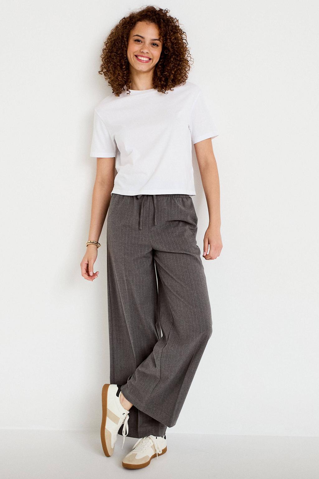 Grijze dames Cache Cache wide leg broek met high waist, elastische tailleband met koord en krijtstreepprint
