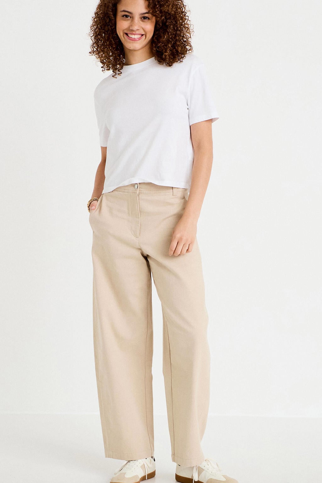 Zandkleurige dames Cache Cache barrel broek van katoen met regular waist, rits- en knoopsluiting en effen