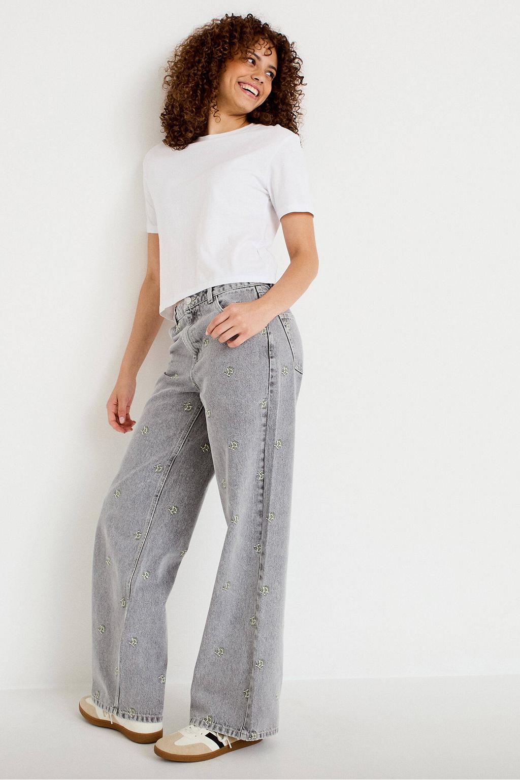 Grijs en gele dames Cache Cache wide leg jeans van denim met high waist, rits- en knoopsluiting en effen