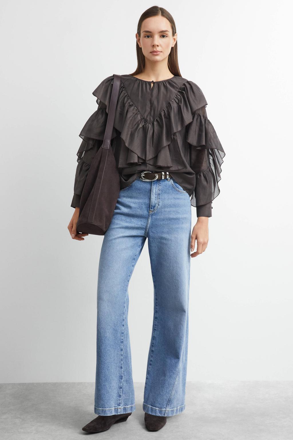 Light blue denim dames comma wide leg jeans van denim met high waist, rits- en knoopsluiting en effen