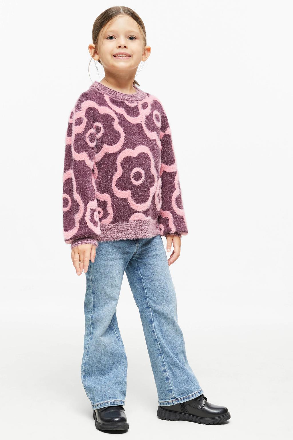 Paars en roze meisjes s.Oliver gebreide gebloemde trui van viscose met lange mouwen en ronde hals