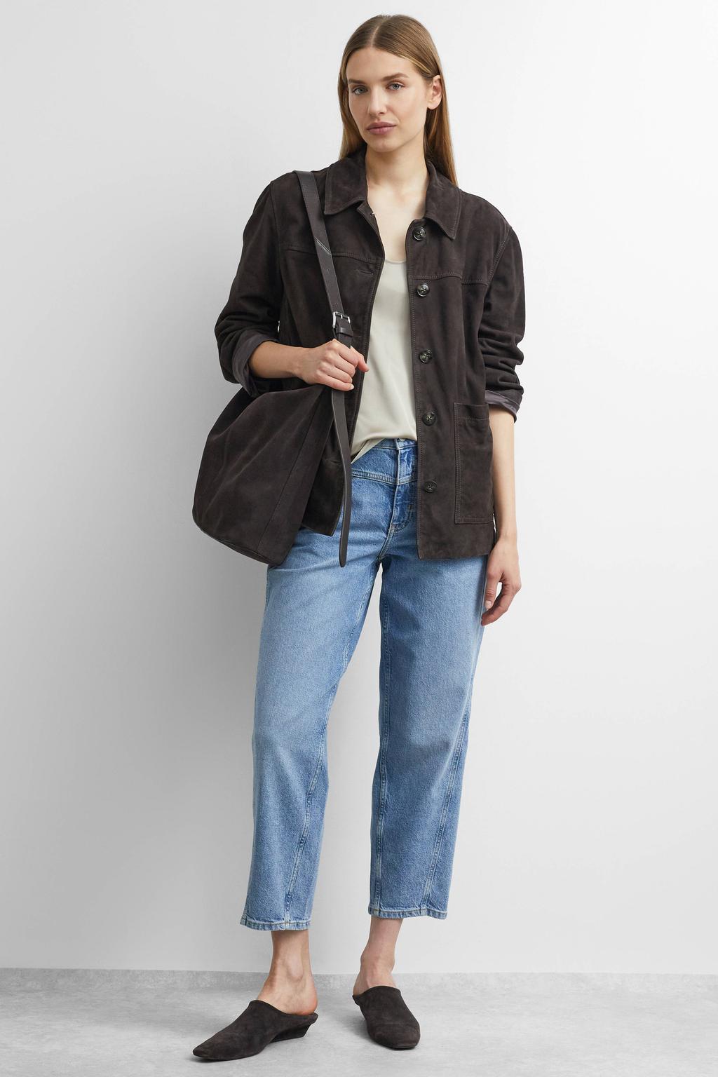 Medium blue denim dames comma barrel jeans mediumblauw van denim met regular waist, rits- en knoopsluiting en effen
