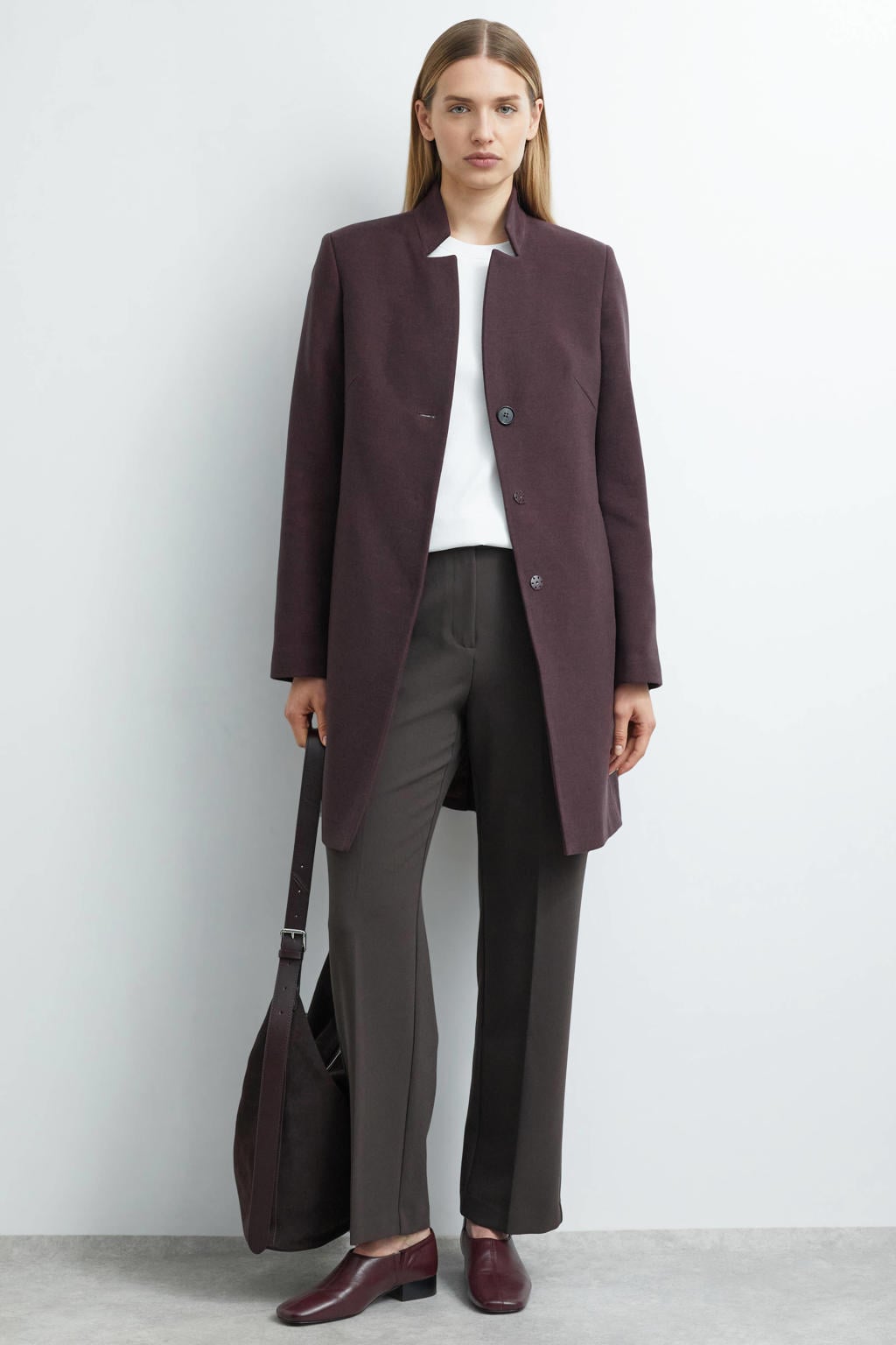 Donkerpaarse dames comma coat van polyester met effen, lange mouwen, klassieke kraag en knoopsluiting