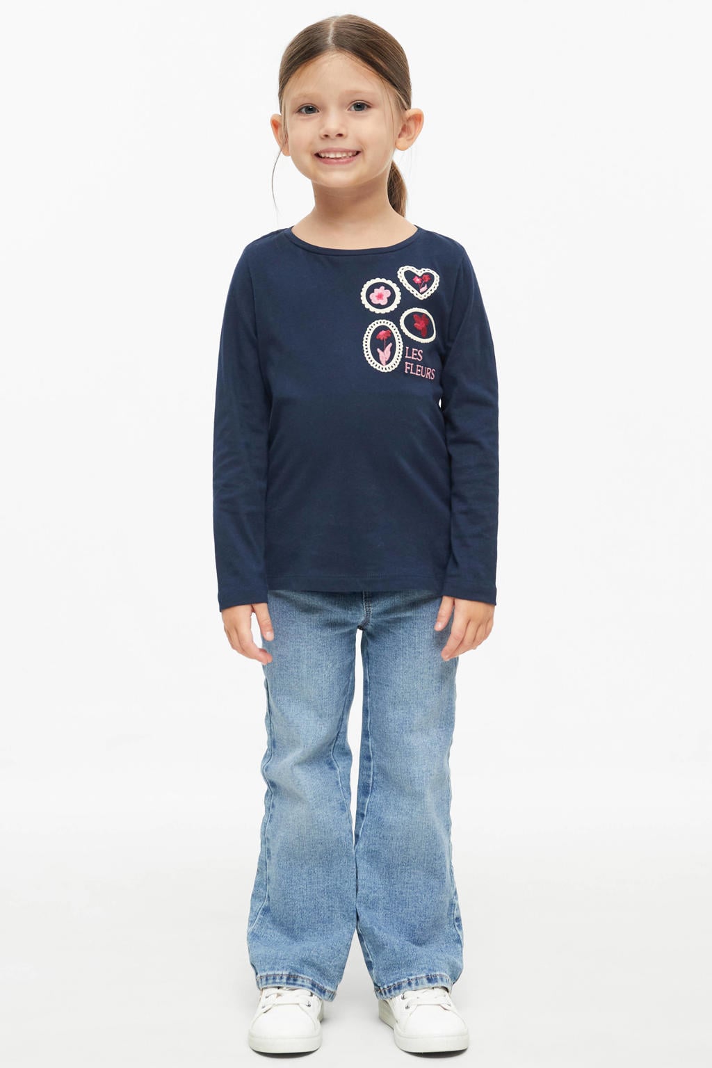 Marineblauw meisjes s.Oliver longsleeve blauw van katoen met effen, lange mouwen en ronde hals