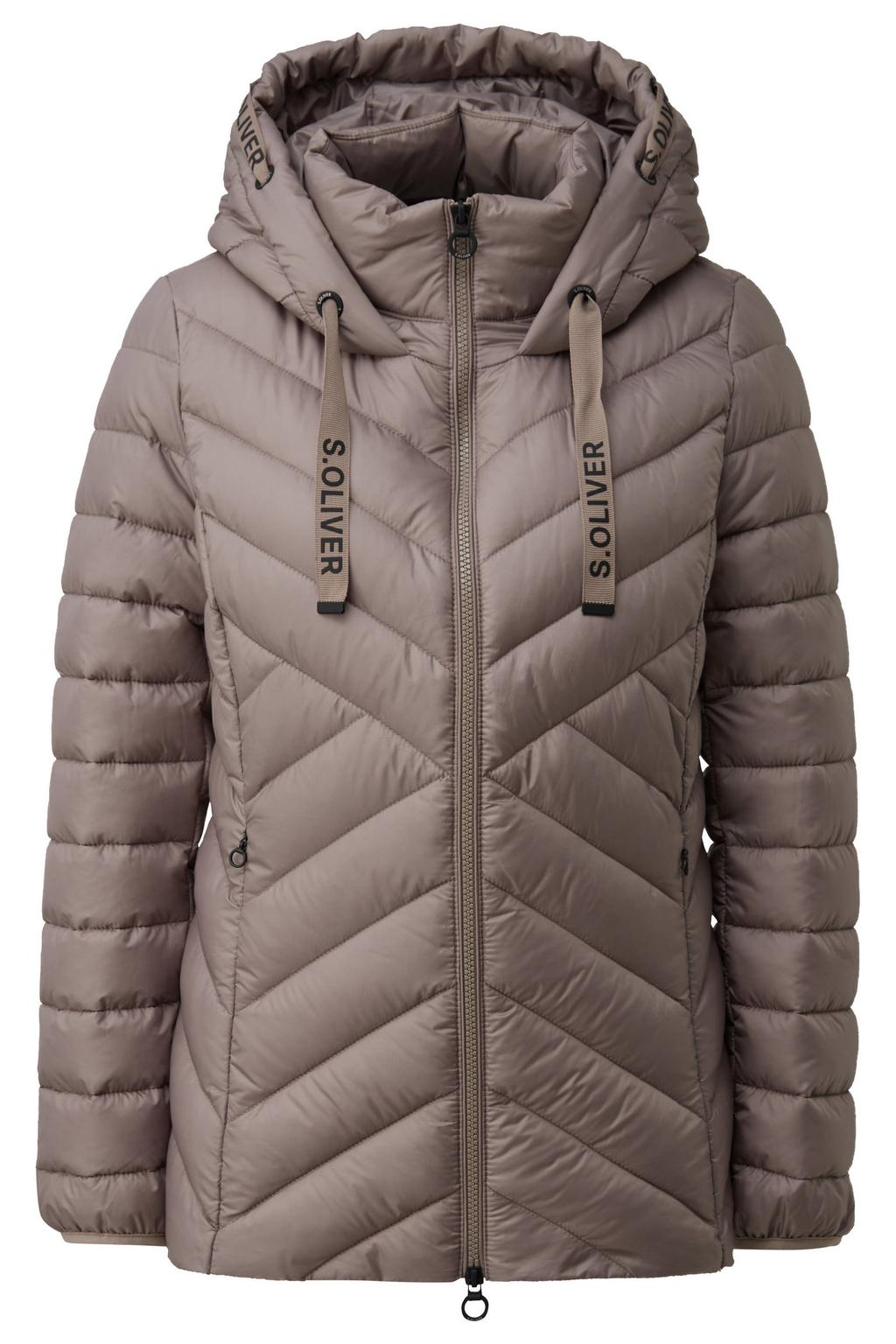 Taupe dames s.Oliver Curve gewatteerde tussenjas Plus Size van polyester met effen, lange mouwen, capuchon en 2-way rits