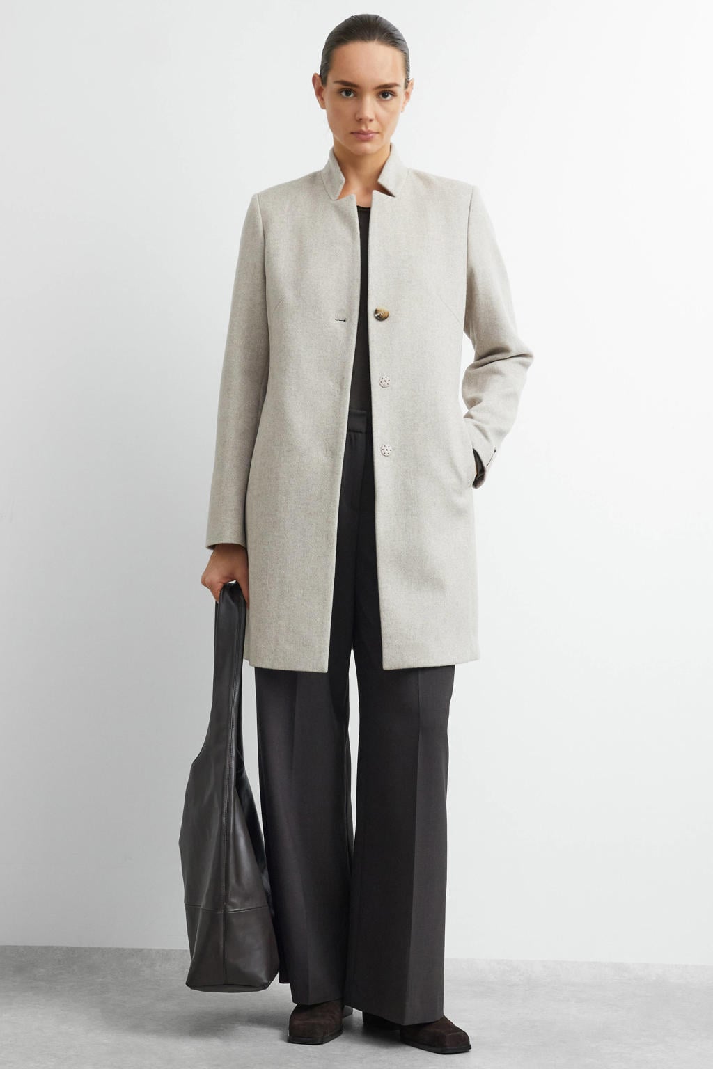 Beige dames comma mantel van wol met effen, lange mouwen en opstaande kraag