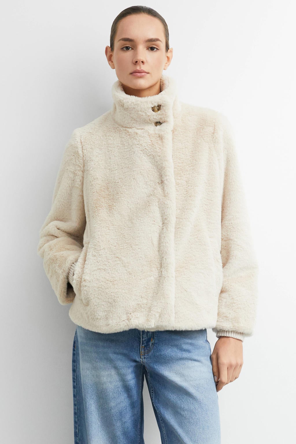comma faux fur jas -ecru
