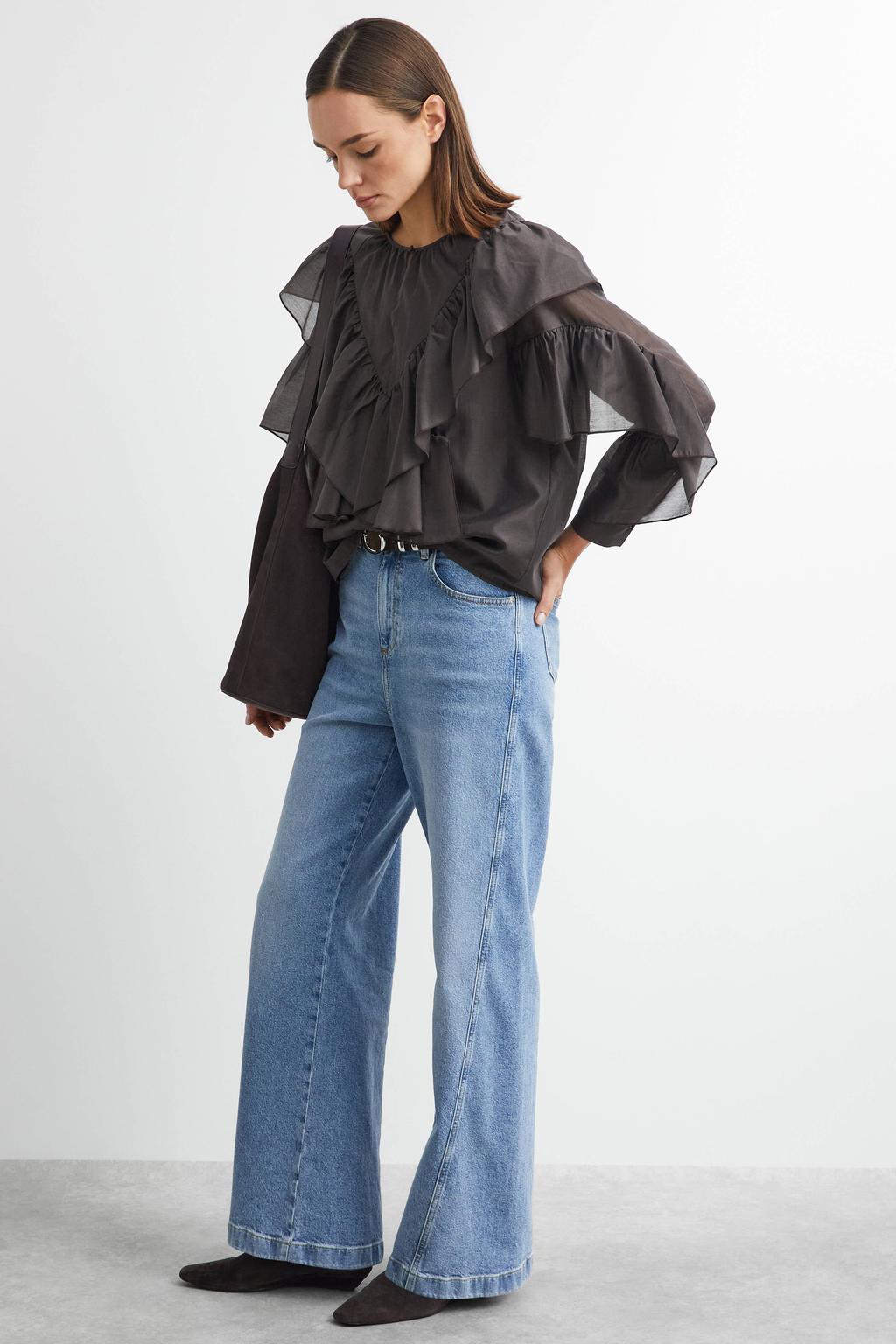 Donkerblauwe dames comma blouse van lyocell met effen, lange mouwen, klassieke kraag, knoopsluiting en ruches