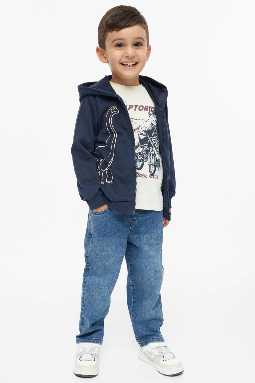 Donkerblauwe jongens s.Oliver sweatvest met printopdruk, lange mouwen en capuchon