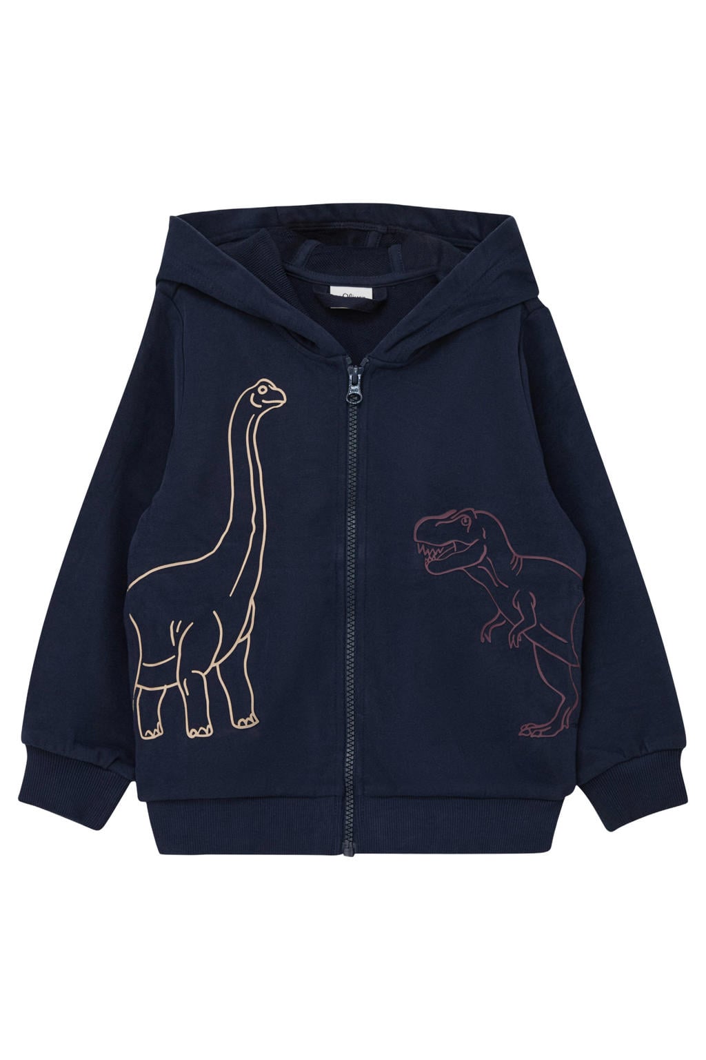 Donkerblauwe jongens s.Oliver sweatvest met printopdruk, lange mouwen en capuchon