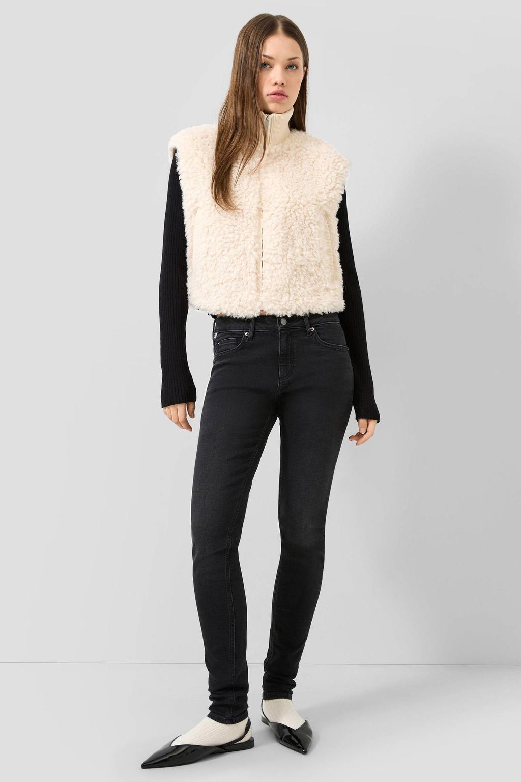 Ecru dames QS teddy gilet met effen, opstaande kraag en ritssluiting