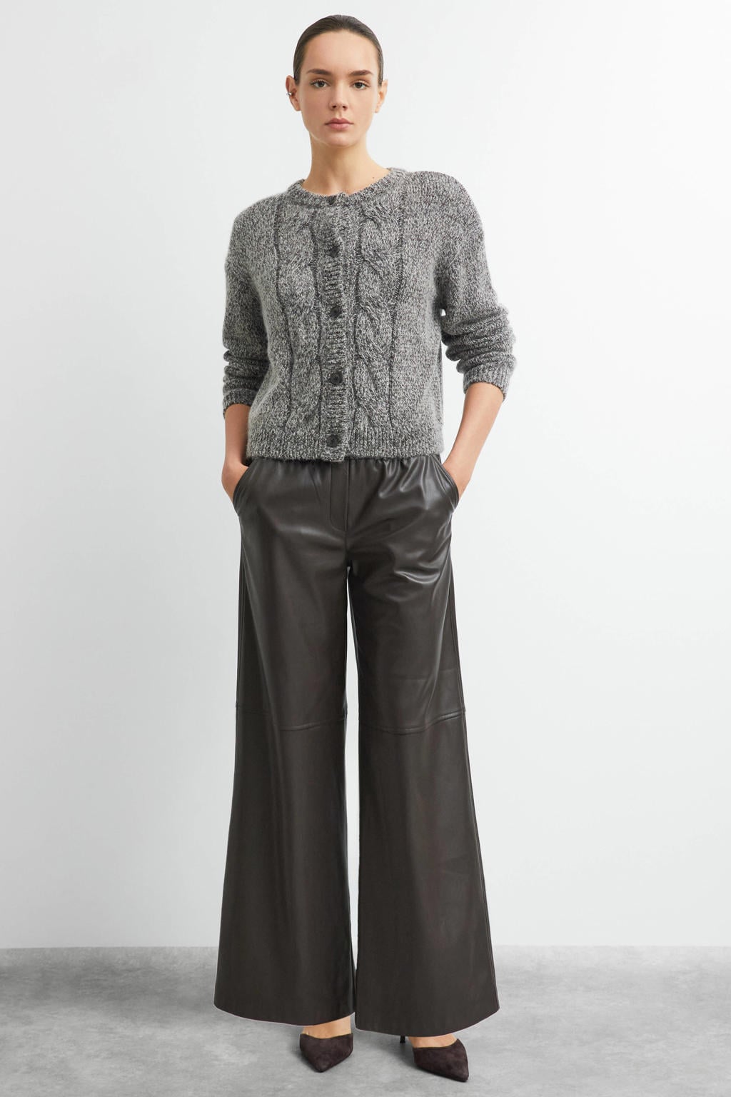 comma imitatieleren wide leg broek - donkerbruin