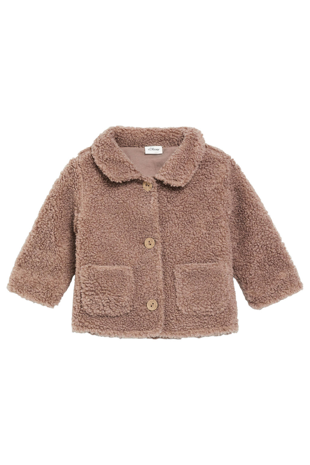 Taupe meisjes s.Oliver teddy jas van polyester met effen, lange mouwen en knoopsluiting