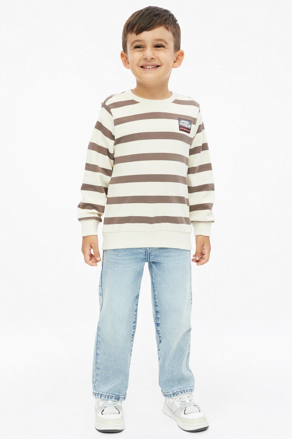 Beige en bruine jongens s.Oliver gestreepte sweater van katoen met lange mouwen, ronde hals en geribde boorden