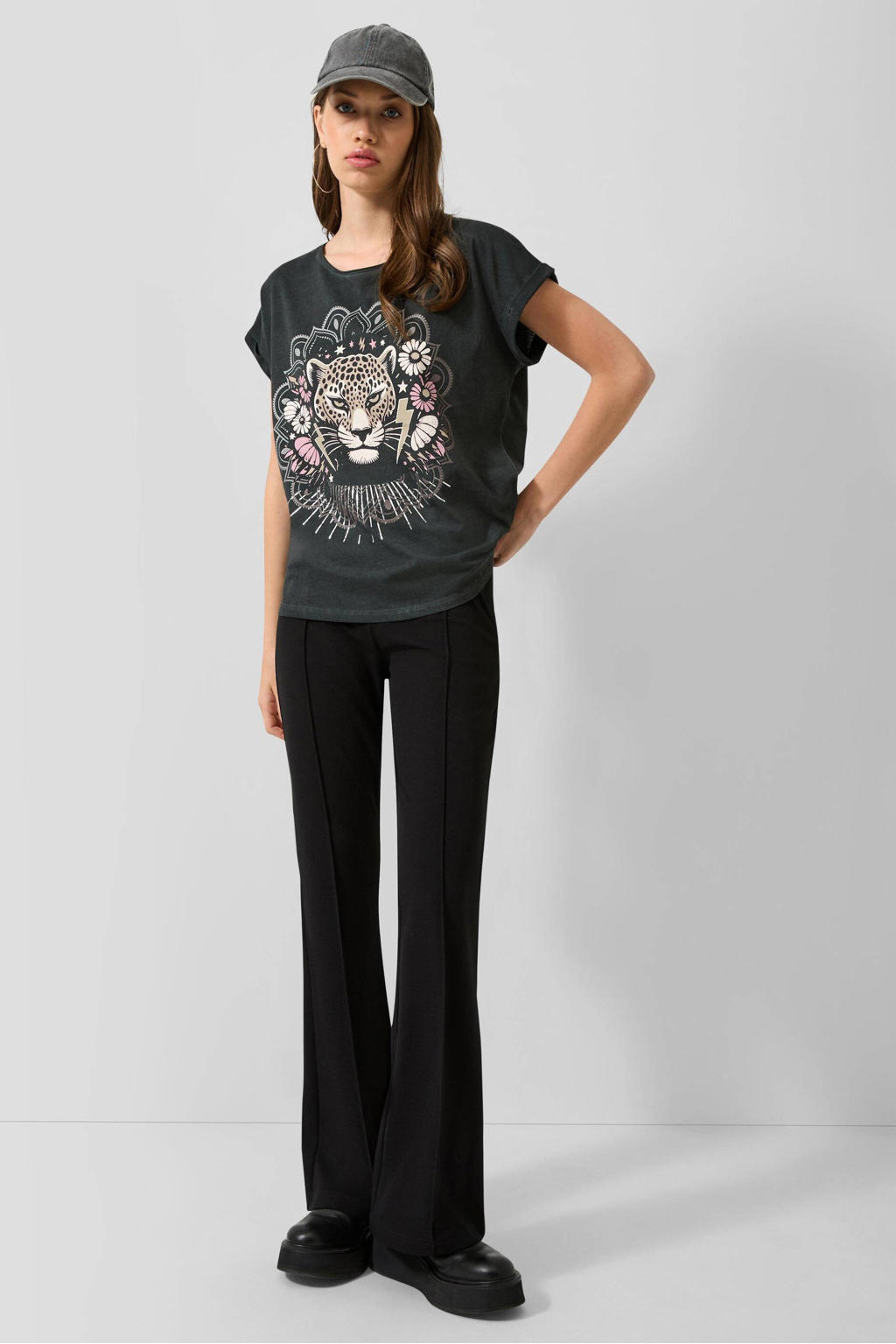 Zwarte dames QS bootcut tregging van polyester met regular waist, elastische tailleband en effen