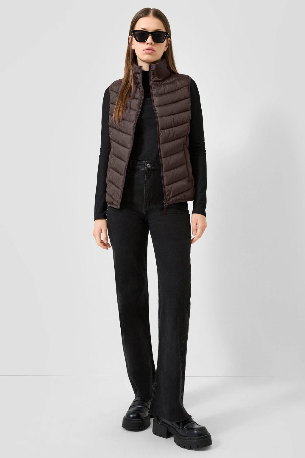 Donkerblauwe dames QS bodywarmer van polyester met effen, opstaande kraag en doorgestikte details