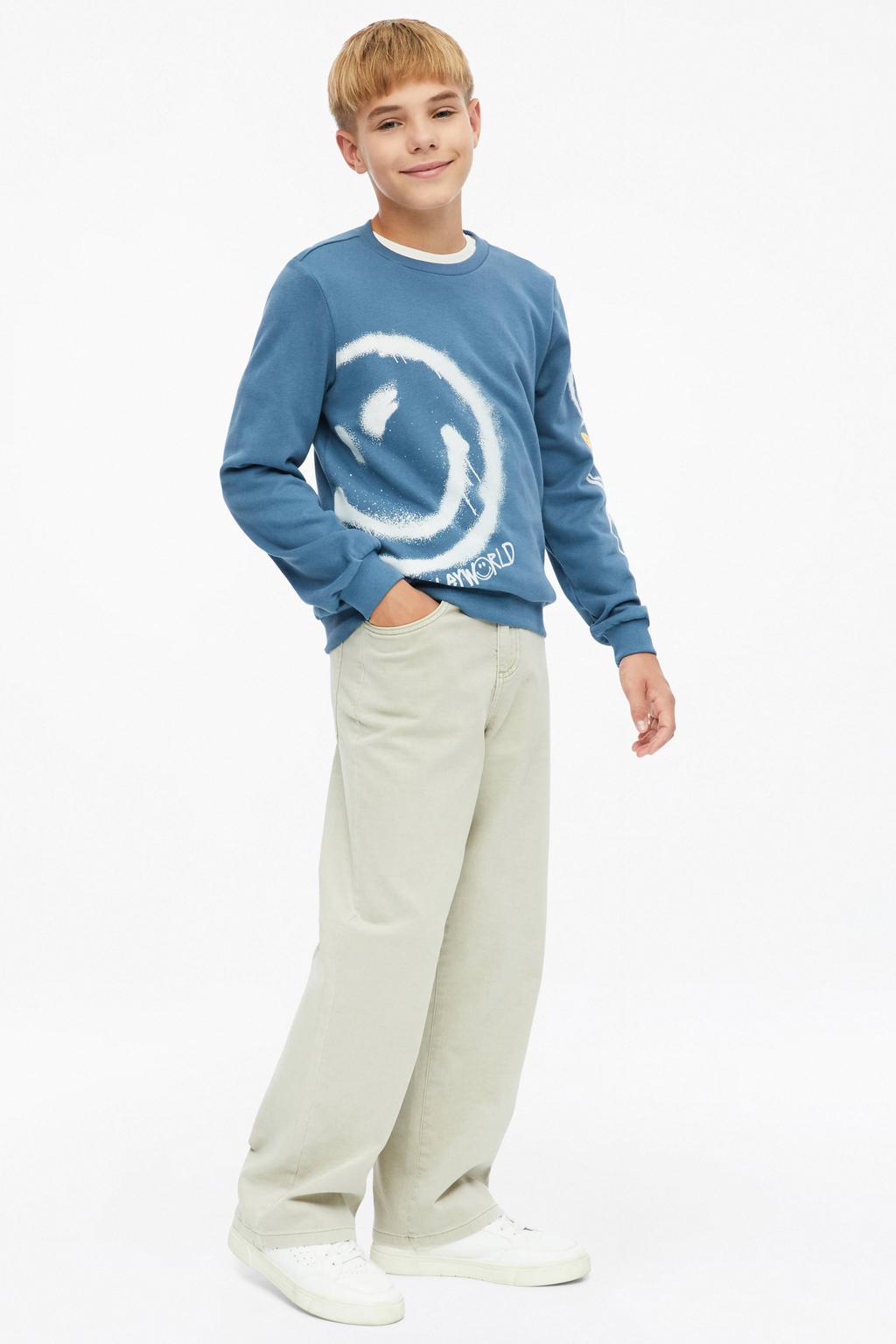 Blauwe jongens s.Oliver sweater van katoen met printopdruk, lange mouwen en ronde hals