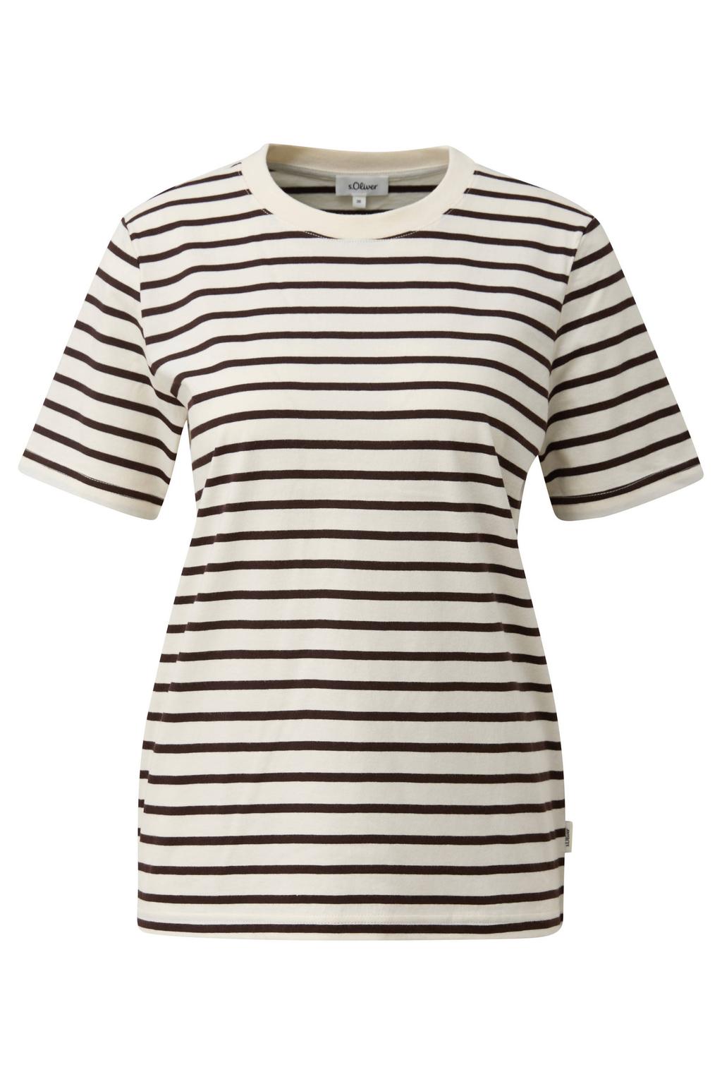 Ecru en donkerblauwe dames s.Oliver Curve gestreept T-shirt Plus Size van katoen met korte mouwen